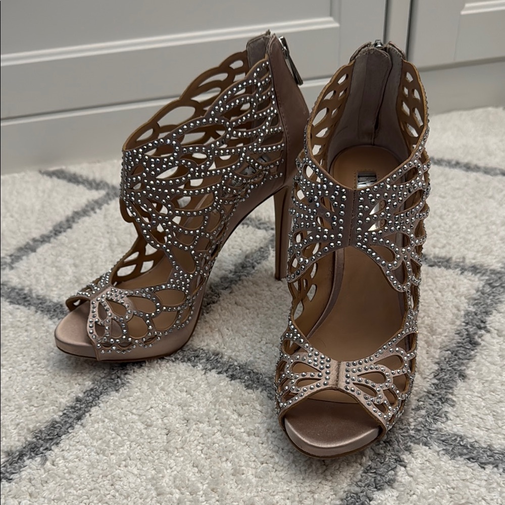 Elegant Tan Cutout Heels with Rhinestones